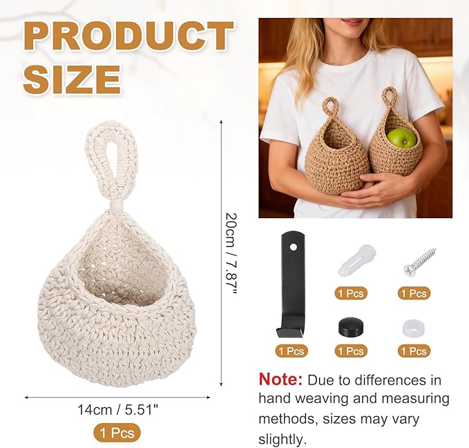 uxcell Hanging Fruit Baskets for Kitchen, Hand-Woven Wall Hanging Storage Jute