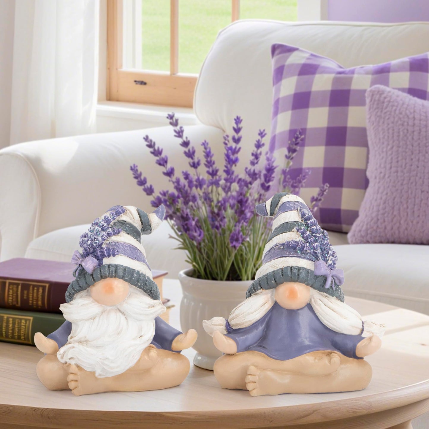 Hodao 2PCS Zen Lavender Meditation Gnomes Figurines Set- Yoga Themed Inspired Home Table & Shelf Decor for Relaxation & Serene Living Spaces Yoga Lavender Decor Retirement Gifts for Women