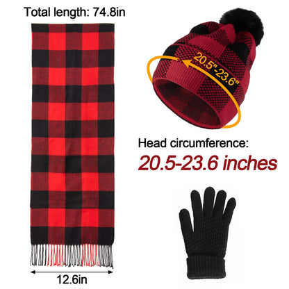 Cosweet Scarf and Gloves Set - Winter Knitted Warm Set, Plaid Scarf Winter Gloves Knitted Hat with Pompom Flurry Ball for Women Men Outdoor Sports Running Skiing Cycling Yoga Christmas Gift