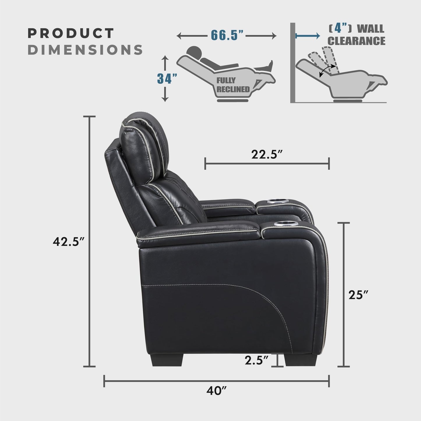 Lexicon Power Double Reclining Sofa, Center Drop-Down Table with Heat/Massage/Headrest/Storage Arms/Cup Holders/LED Lights/Wireless Charging, Top Grain Leather Match Wall Hugger Recliner Sofa, Black