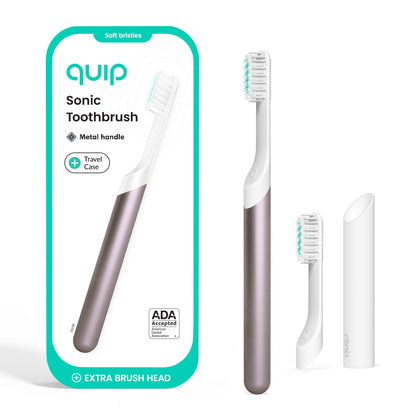 Quip Metal Sonic Electric Toothbrush for Adults - Time Travel & Soft Bristles with Travel Case & Replacement Brush Head - 3 Month Battery Life - Indigo