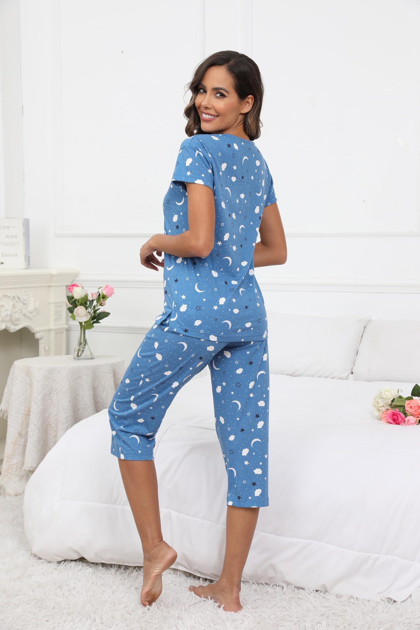 PNAEONG Women Pajama Set Sleepwear Tops with Capri Pants Casual and Fun Prints Pajama Sets Moon Night L