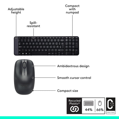 Logitech MK220 Compact Wireless Keyboard and Mouse Combo for Windows, 2.4 GHz Wireless with Unifying USB-Receiver, 24 Month Battery, Compatible with PC, Laptop, QWERTY UK English Layout - Black