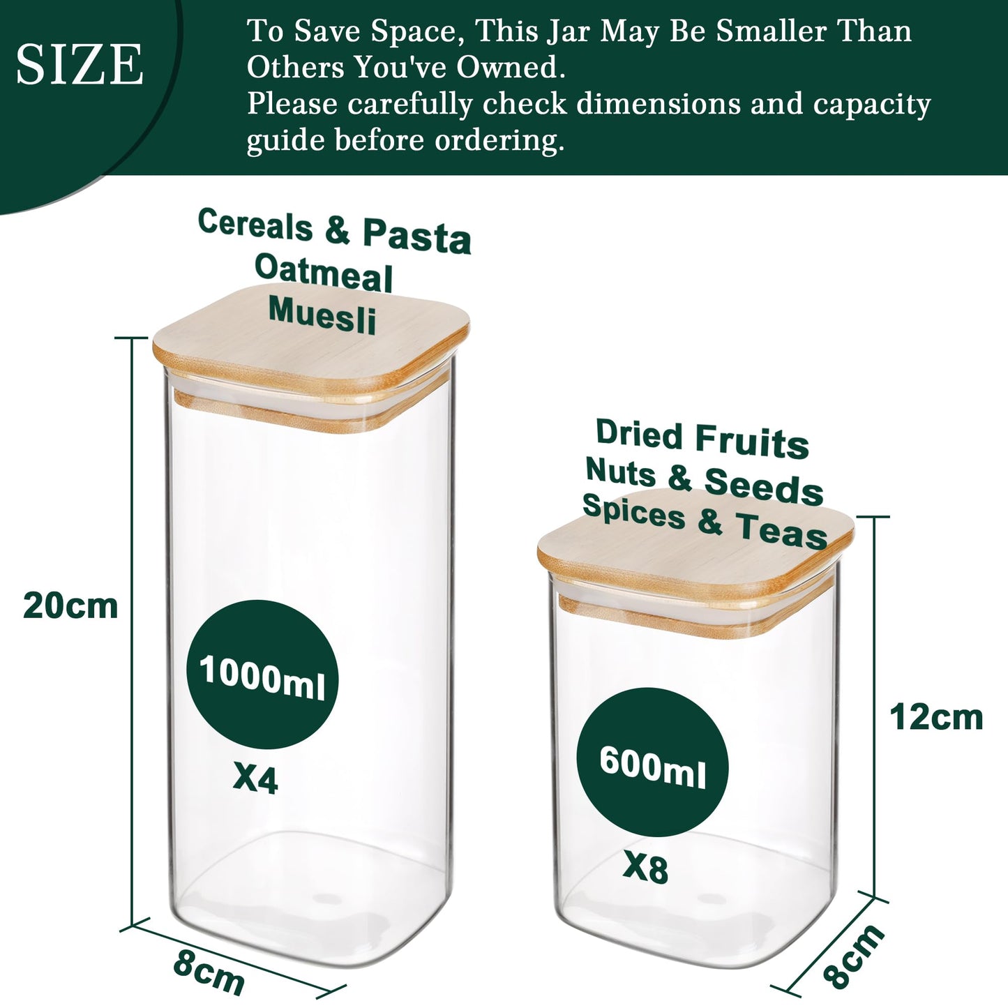 LIBWYS 12-Pack Square Glass Storage Jars with Bamboo Lids (0.6Qt/1.06Qt) - Stackable Food Containers for Pantry Organization, Coffee, Flour, Snacks, Tea | Kitchen Canisters Set