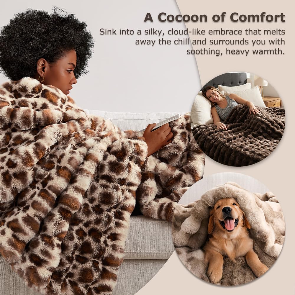 WDCOZY Cheetah Leopard Print Bubble Throw Blanket, Luxury Faux Rabbit Fur Mink Plush Throw for Couch, Sofa and Bed, Soft Fluffy Fuzzy Cozy Blanket for Women, 60x80 inches, Chocolate Brown, 950 GSM