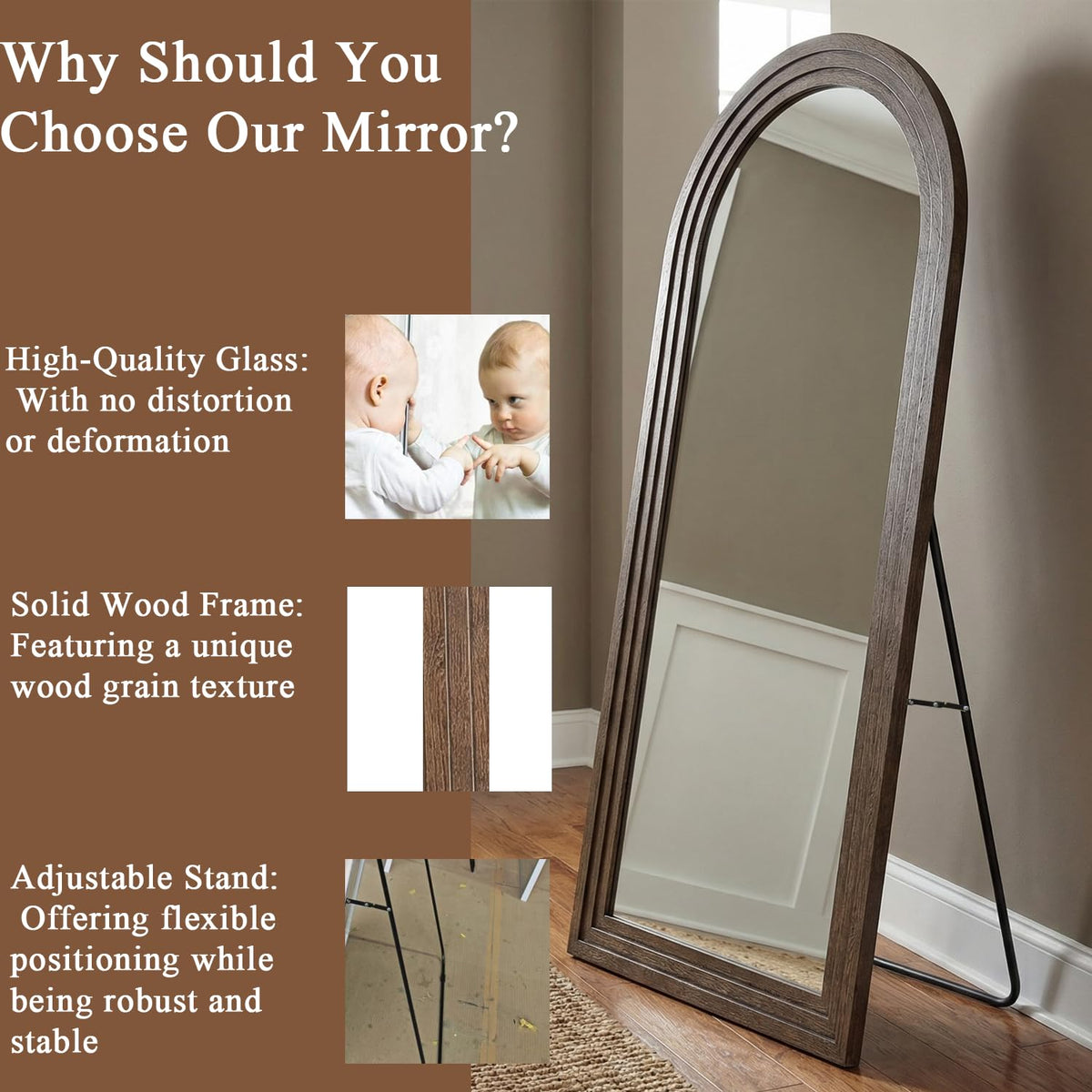 CASSILANDO 71x32 Inch Arched Full Length Mirror with Solid Wood Frame Wall Mounted Floor Mirror, Vertical Hanging Leaning Standing Mirror for Living Room, Bedroom, Entryway, Brown