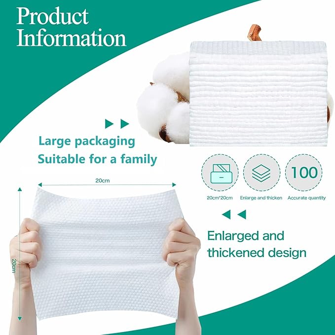 Soft Disposable Face Towel, Cotton Facial Dry Wipes 100 Count, Cotton Dry Wipes
