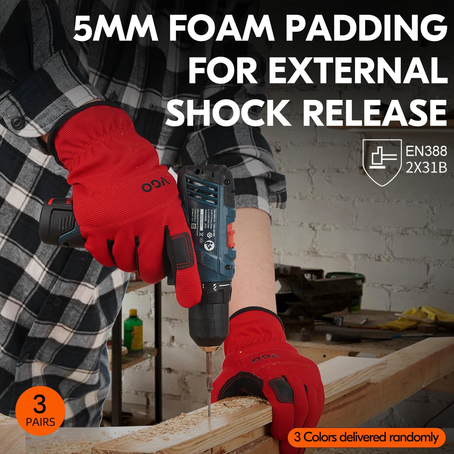 Vgo... 3 Pairs Safety Work Gloves - Builder & Gardening Gloves (Size L, 3 Colours, NB7581)