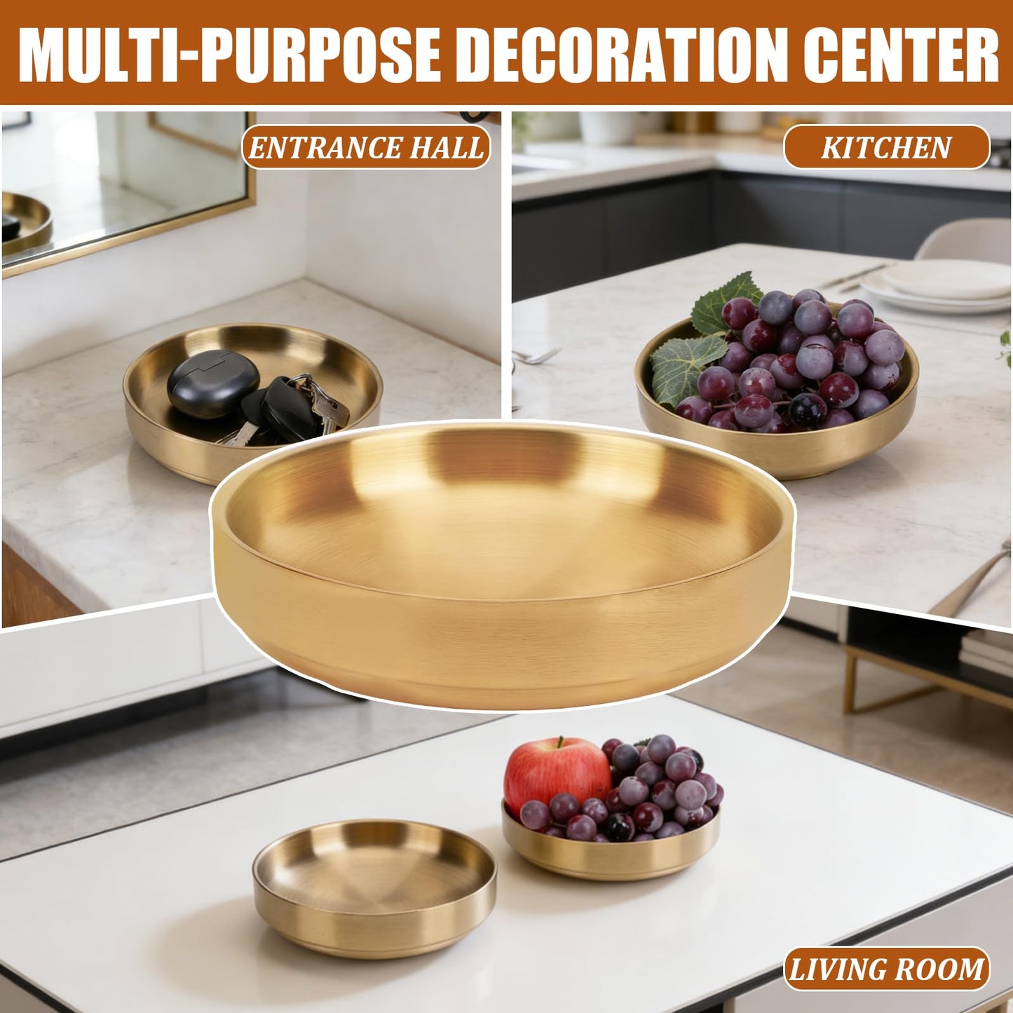 Key Bowl for Entryway-2 Pack Gold Table Decorative Key Dish for Organizing Tabletop Catch All Bowl Gold Fruit Bowls for Kitchen Counter, Coffee Table-Thick SUS 304 Stainless Steel 6.3"
