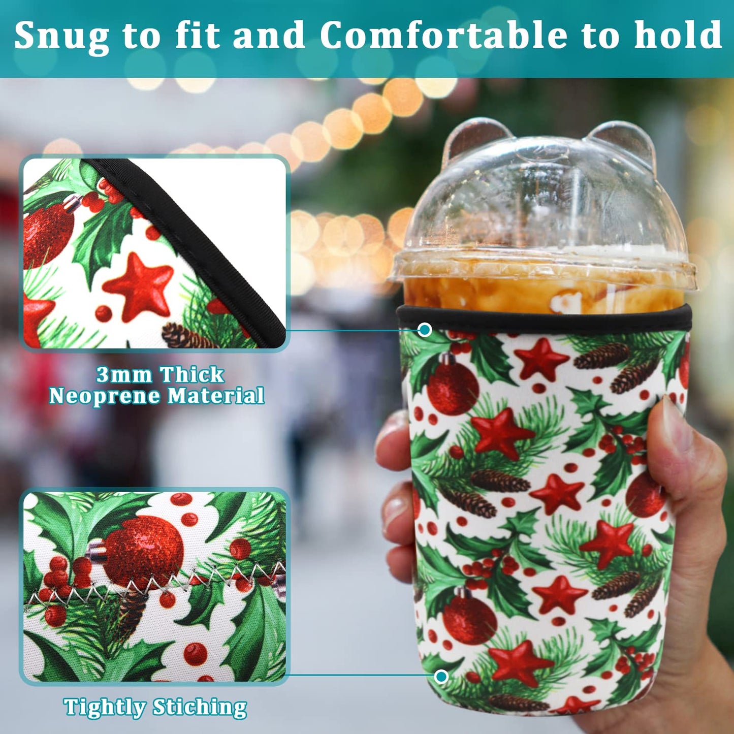 Reusable Iced Coffee Sleeve for Cold Drink Cups, Neoprene Insulator Cup Cover Holder Compatible with Starbucks Dunkin McDonalds Coffee - 3mm Thick (Large Size 30-32oz,Christmas tree style)