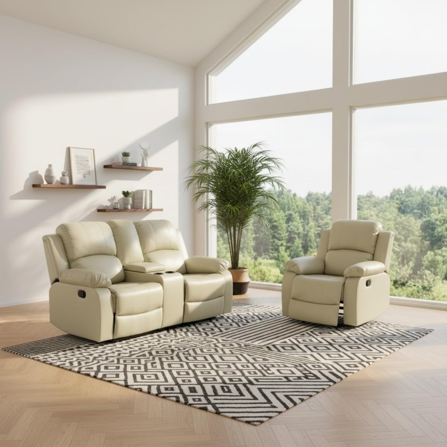 Trygoal Leather Recliner Sofa Set, Living Room Furniture Set, Adjustable Backrest Reclining Loveseat Sofa & Manual Recliner Chair, Comfortable Reclining Seats for Home Theater, Apartment, Beige