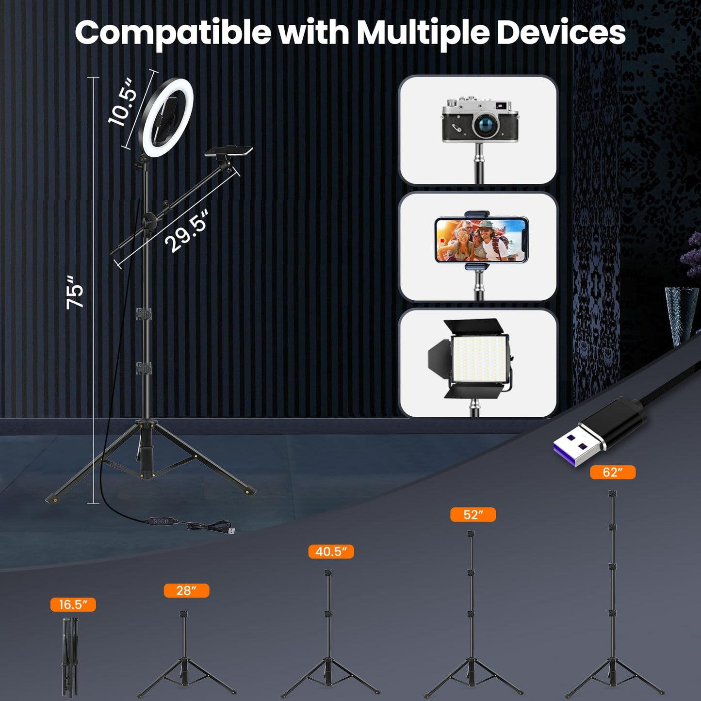 LUXSURE 10.5" Ring Light with Tripod Stand & Phone Holder, Overhead Phone Mount with 2 Shooting Positions, Tripod for iPhone with Ring Light for Video Recording/Live Streaming/Cooking