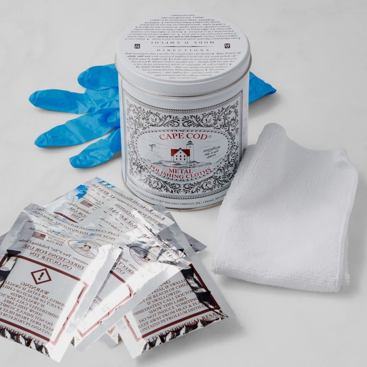Cape Cod Economy Tin Metal Polish-8828, (6) 4 x 6, (1) 12 x 12 polishing Cloth Pair of Nitrile Gloves