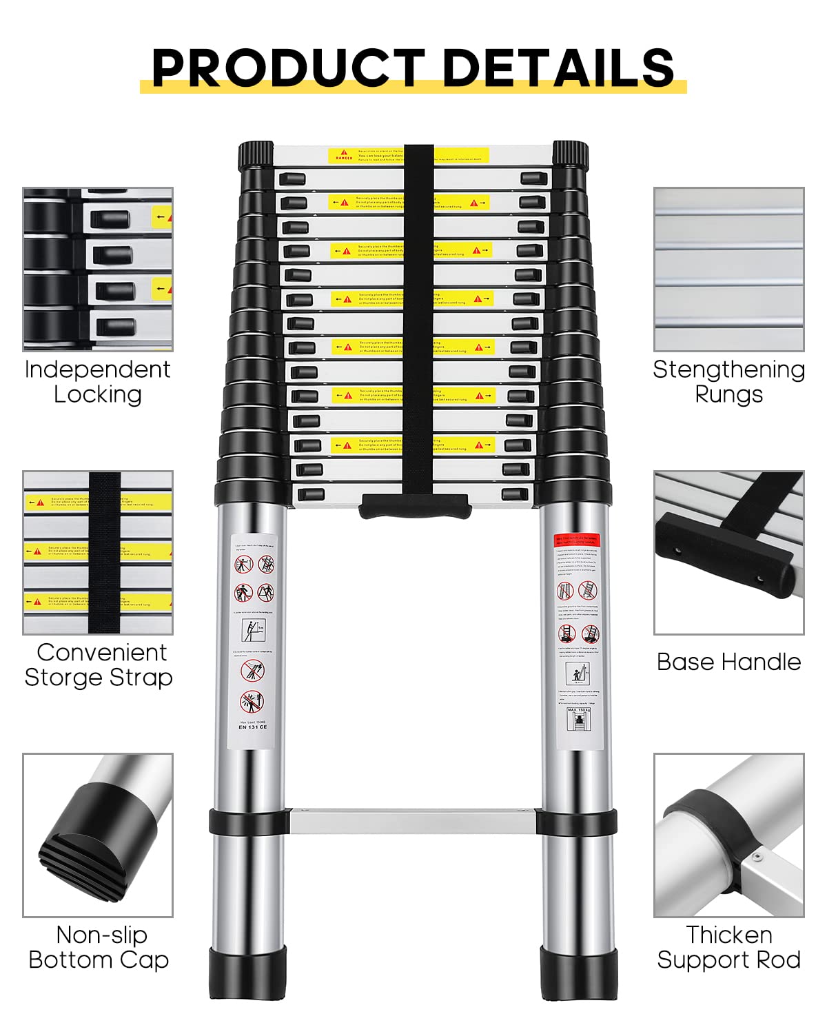 Telescoping Ladder, 20.3FT Aluminum Extension Ladder with 2 Replacement of Non-Slip Rubber Cover, Telescopic Ladder Portable Collapsible RV Ladder for Indoor Outdoor Work, 330 lb. Weight Capacity