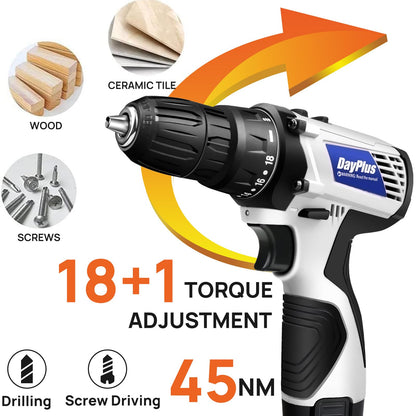 Mini Cordless Drill Driver Kit w/One Battery, 12V Electric Screwdriver Driver Tool Kit with LED Work Light, Max Torque 45 N.m, 3/8 Inch Keyless Chuck, 18+1 Position, Dual Speed 0-400/1400rpm