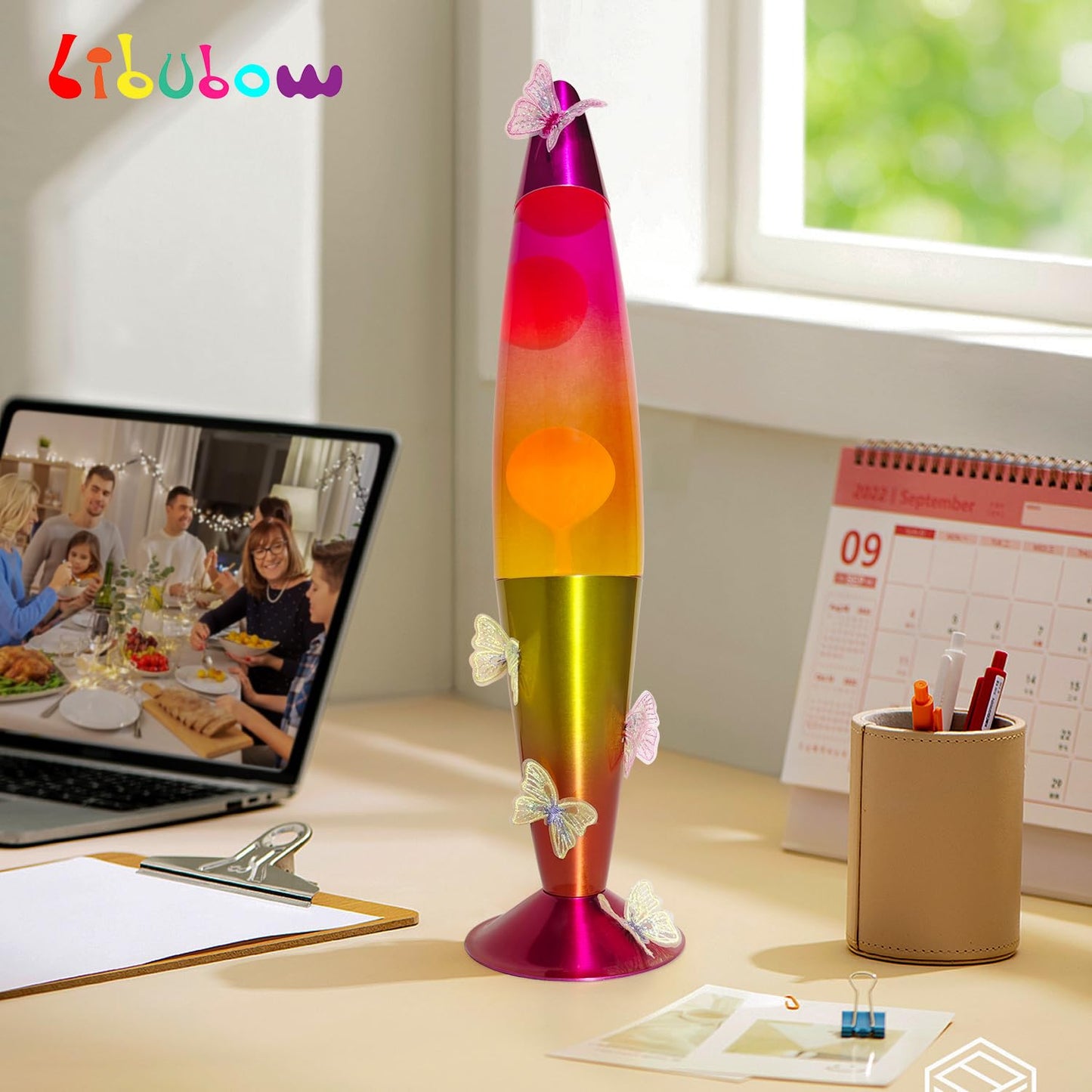 Libubow 16 Inch Rainbow Motion Lamp with Butterfly Embroidery, 2 Bulbs, Mood Lighting Butterfly Lamp, Relaxing Night Light for Adults, Teens and Kids, Room Decor, Present, Purple Orange Yellow