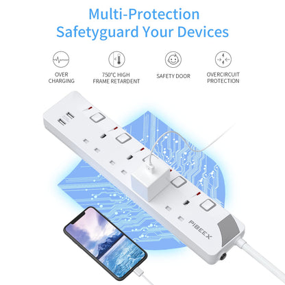 3M Extension Lead with USB Slots, 4 Way 2 USB Extension Socket with Individual Switches Mountable Power Strips with 3M Extension cable 3250W
