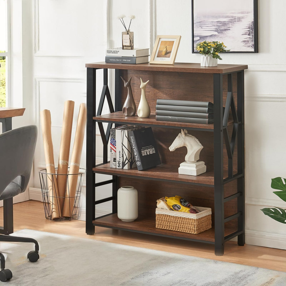 HOMISSUE Bookshelf, 4-Tier Rustic Short Bookshelf, Industrial Shelf Bookcase with Engineered Wood Shelves, Low Bookcase with Storage, Small Shelf for Living Room, Bedroom and Office, Rustic Brown