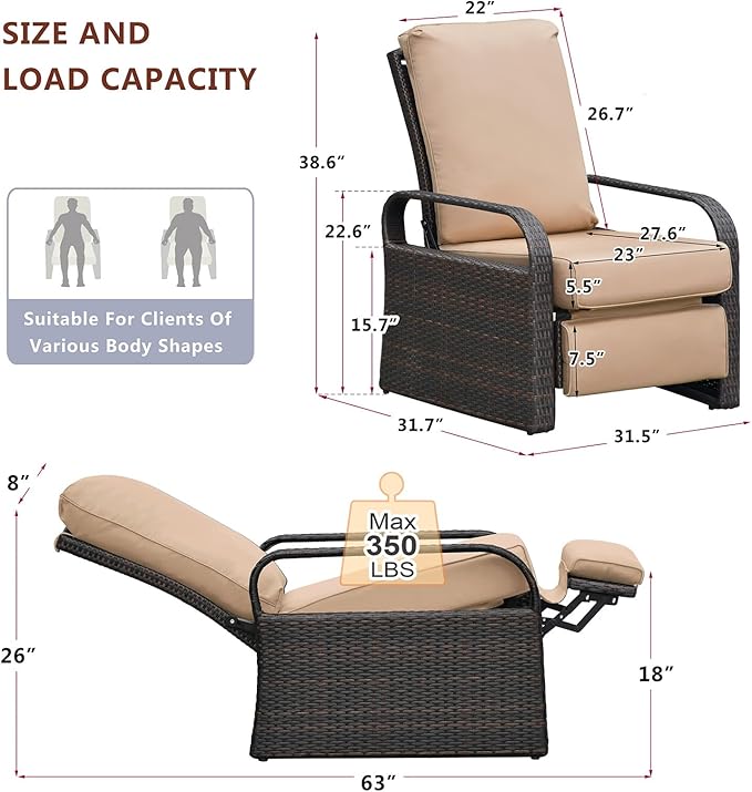 ATR ART TO REAL Outdoor Recliner, Outdoor Wicker Recliner Chair with 5.12'' Cushions, Automatic Adjustable Patio Chaise Lounge Chairs, Aluminum Frame. UV Protected and Rustless (Khaki)
