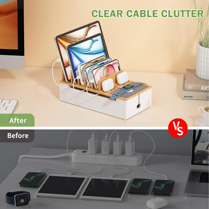 Pezin Hulin Multi Devices Charging Station, with USB Power Adapter HUB, and 6 Wire Cables - Cord Organizer Management, Cell Phone Charger Dock Stand, Desktop Cord Hider Box - Natural +White