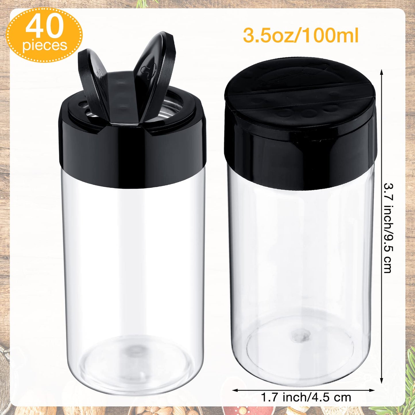 Mimorou 40 Pack Plastic Spice Jar with Shaker Lids Seasoning Containers 3.5 oz Plastic Spice Container with Black Lids Seasoning Jars for Kitchen Storing Powder