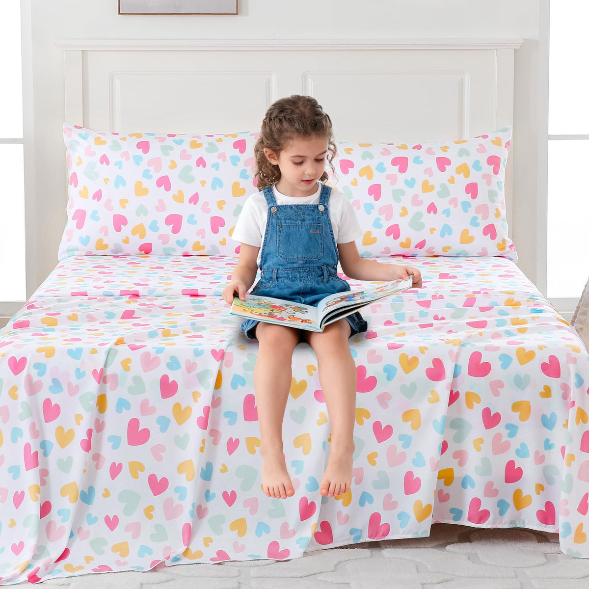 MICORAL Kids Twin Sheets Set Hearts, 3 Pieces Sheets for Boys & Girls, Soft Printed Microfiber Double Brushed Bed Sheets, Deep Pocket Cozy Toddler Bedding Set, Cute Hearts