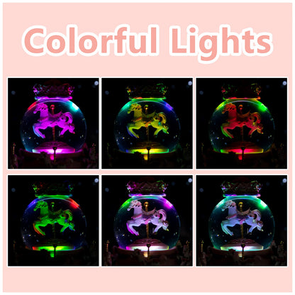 Musfunny Carousel Snow Globe Music Box: Crystal Ball Music Boxes with Color Changing LED Lights - Musical Horses Gifts for Girls Women Daughter Mothers Day Christmas Birthday