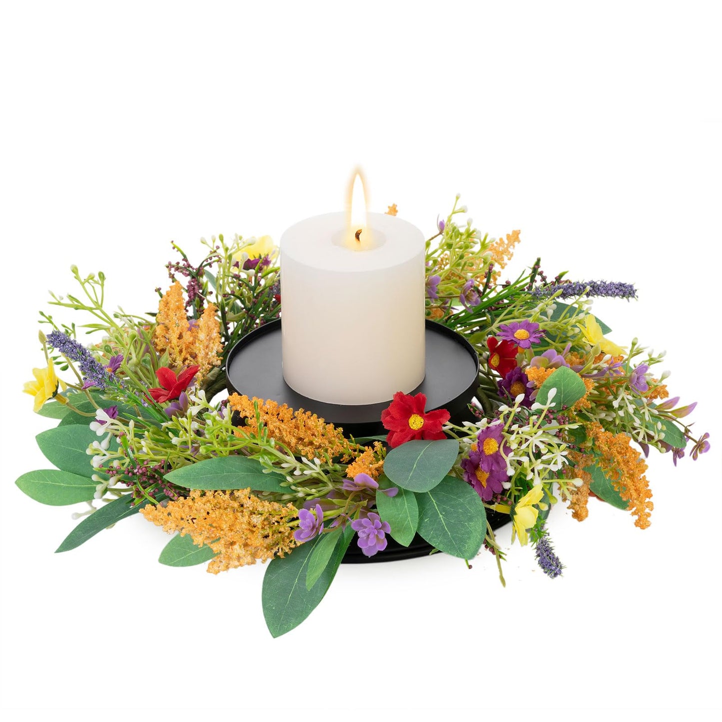 MOYEE Summer Candle Holder Centerpieces for Tables,Candle Ring, Black Metal Candlestick with an Artificial Wreath 14 in Versatile Dining Table Centrepiece(Golden Wheat Ear Wreath)