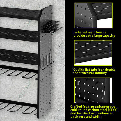 KAFAHOM Power Tool Organizer,Large 8 Drill Holder Wall Mount with 2 Side Pegboards,5 Layer Metal Tool Storage Rack with 12 Hooks,Tool Shelf for Garage Organization,Utility Battery Shelves - Black