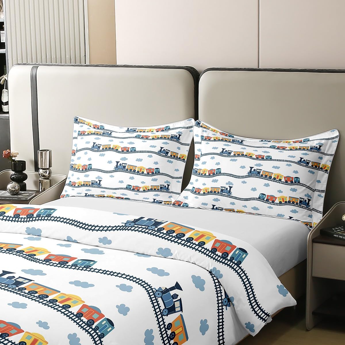 Erosebridal 100% Cotton Kids Train Comforter Cover Twin for Boys Girls Cartoon Car Bedding Set Steam Engine Duvet Cover Railway Vehicles Bed Set Transportation Truck Quilt Cover with 1 Pillow Case