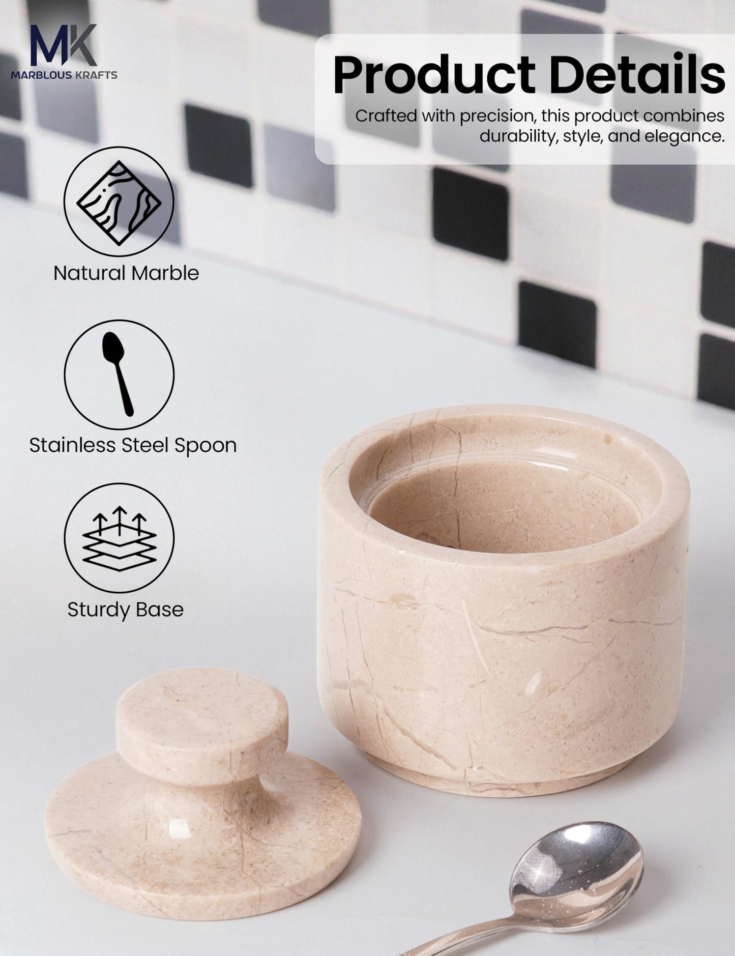 MARBLOUS KRAFTS Marble Salt Cellar 3" Inch Verona Stone Salt Container, Ideal Set of 2 Coffee Storage Container Kitchen Countertop, Candy Jars with Lids and Spoons, Spice Storage