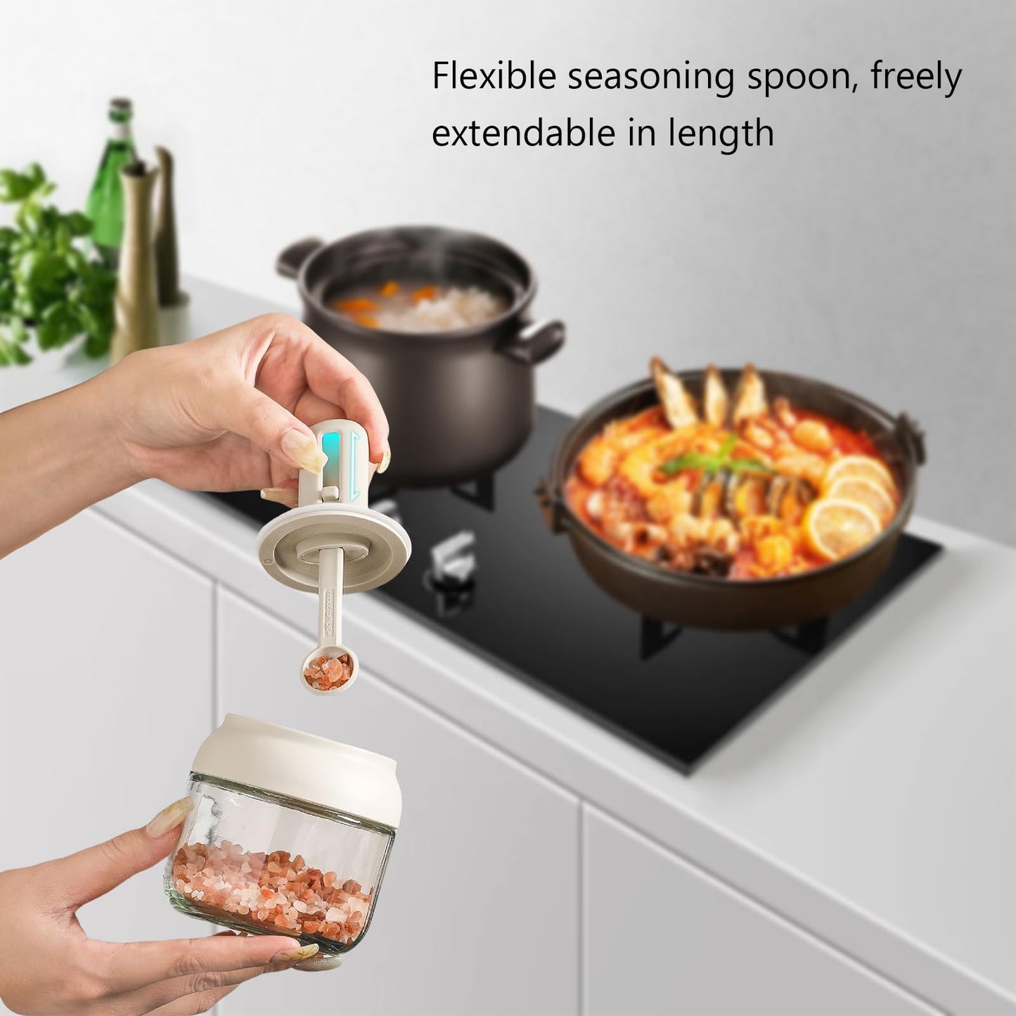 4 Pack Glass Seasoning Jars with Retractable Spoon Lid, 9oz Empty Spice Jars, Airtight Sugar Holder, Clear Condiment Salt Pepper Containers, Coffee Bar Accessories, Kitchen Countertop Canisters