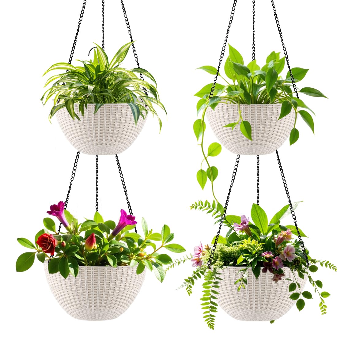 RooTrimmer Hanging Planters for Indoor Outdoor Plants 8/10 Inch, 4 Packs Plant Hanger with Drainage Holes, Hanging Basket Flower Pot Perfect for Home, Office and Garden,White