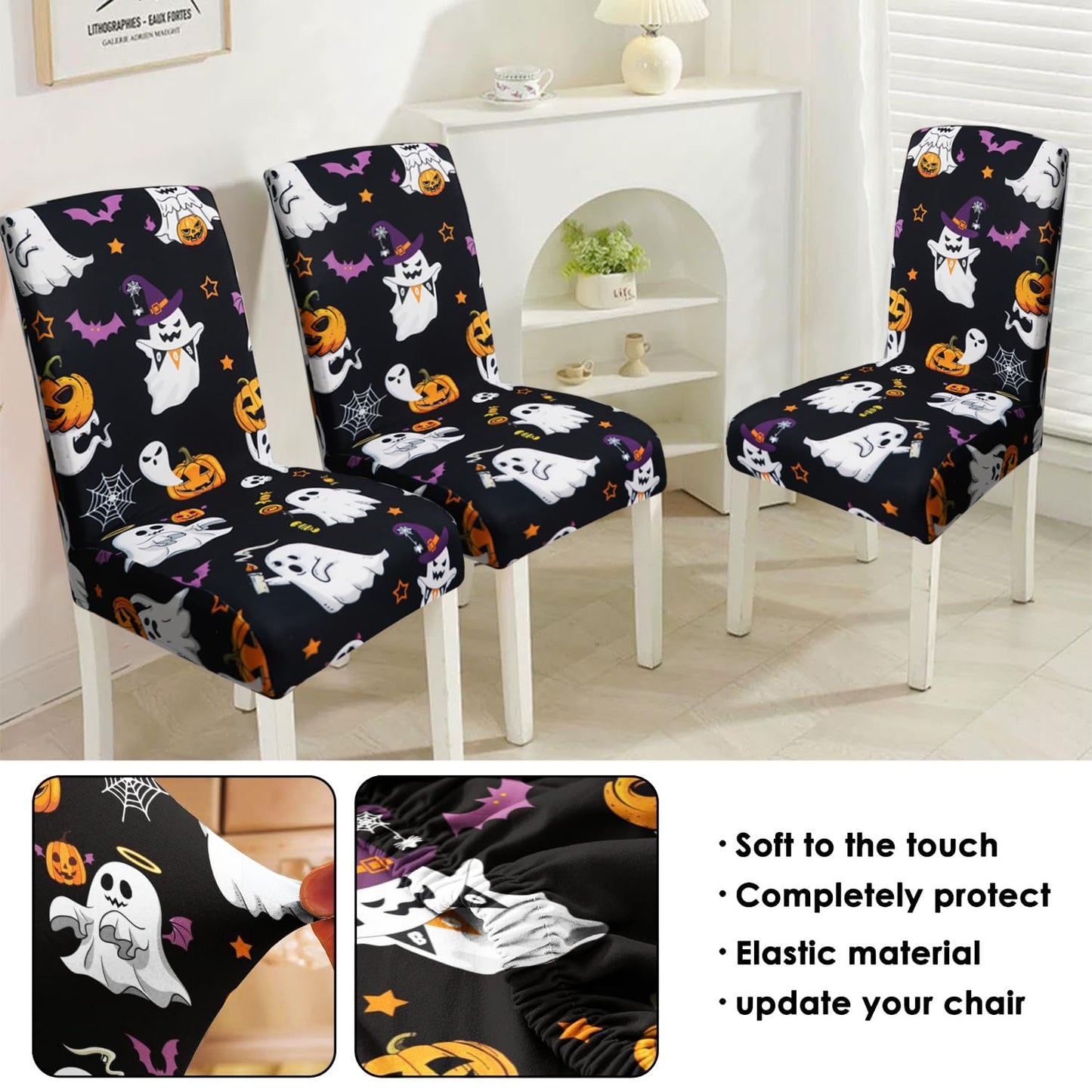 qwpmvhsak Halloween Chair Covers Set of 6, Cute Pumpkin Ghost Dining Chair Protectors, Black Elastic Removable Washable Dining Chair Covers, Suitable for Halloween Kitchen Restaurant Holiday Decor