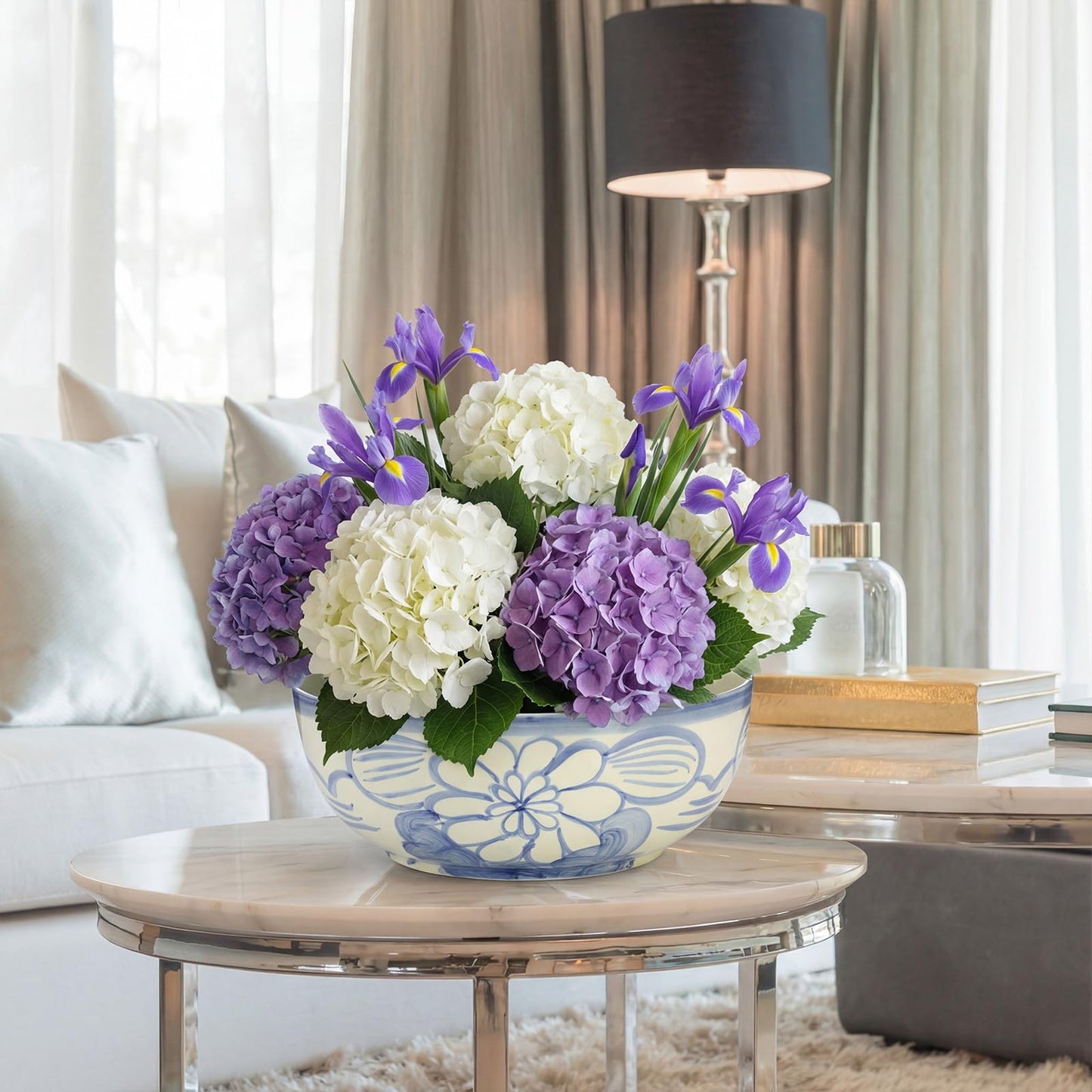 LemonRoad Large Blue and White Bowl Hand Painted Stoneware Decorative Bowls 16" x 7.7'' Floral Chinoiserie Ceramic Planter XL Pottery Porcelain Rice Bowl for Cereal Fruit Serving Kitchen Centerpiece