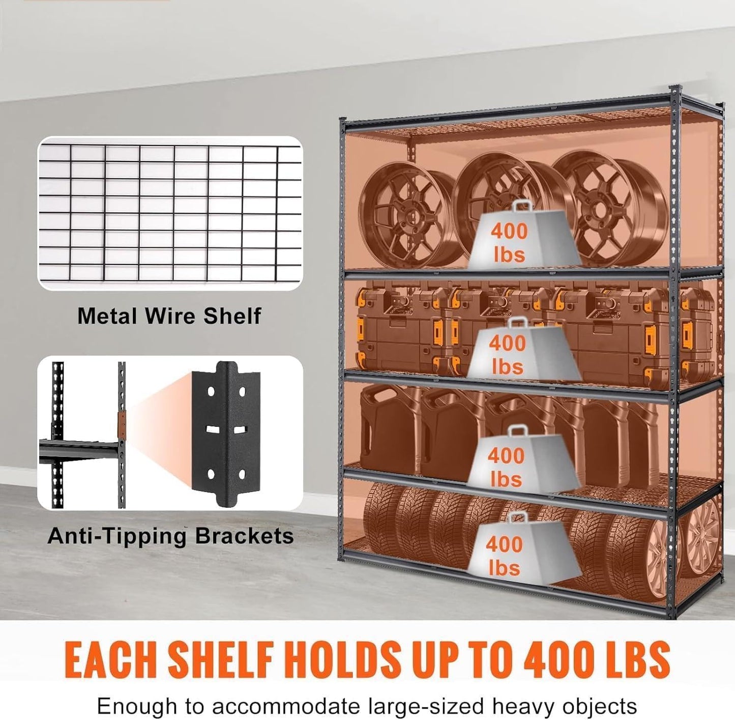 PioneerWorks 2500 Lbs Capacity Heavy Duty Garage Shelving, 48x18x72 Inch 5-Tier Metal Wire Shelves, Adjustable Industrial Storage Rack for Garage, Basement, Warehouse Organization
