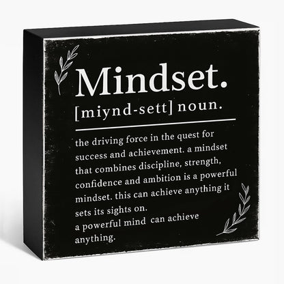 Mindset Definition Wood Box Sign - Inspirational Quote Decor for Desk and Shelf - Motivational Growth Mindset Block for Home Office, 5x5 Inch(Black)