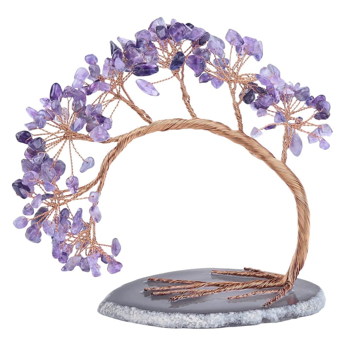 SUNYIK Healing Amethyst Money Tree, Handmade Fengnshui Crystal Bonsai Tree with Agate Slice Base for Wealth Luck, Office Desk Decor, Spiritual Gift, 4.5-5.2 inches