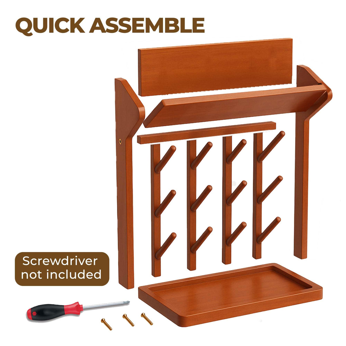 Nabytok Brown Vertical Bottle Drying Rack Rubber Wood 9 Hooks, Use for Bottles, Cups, Mugs, Glasswine, Space Saving Storage Shelf Bottle Holder Dryer Kitchen