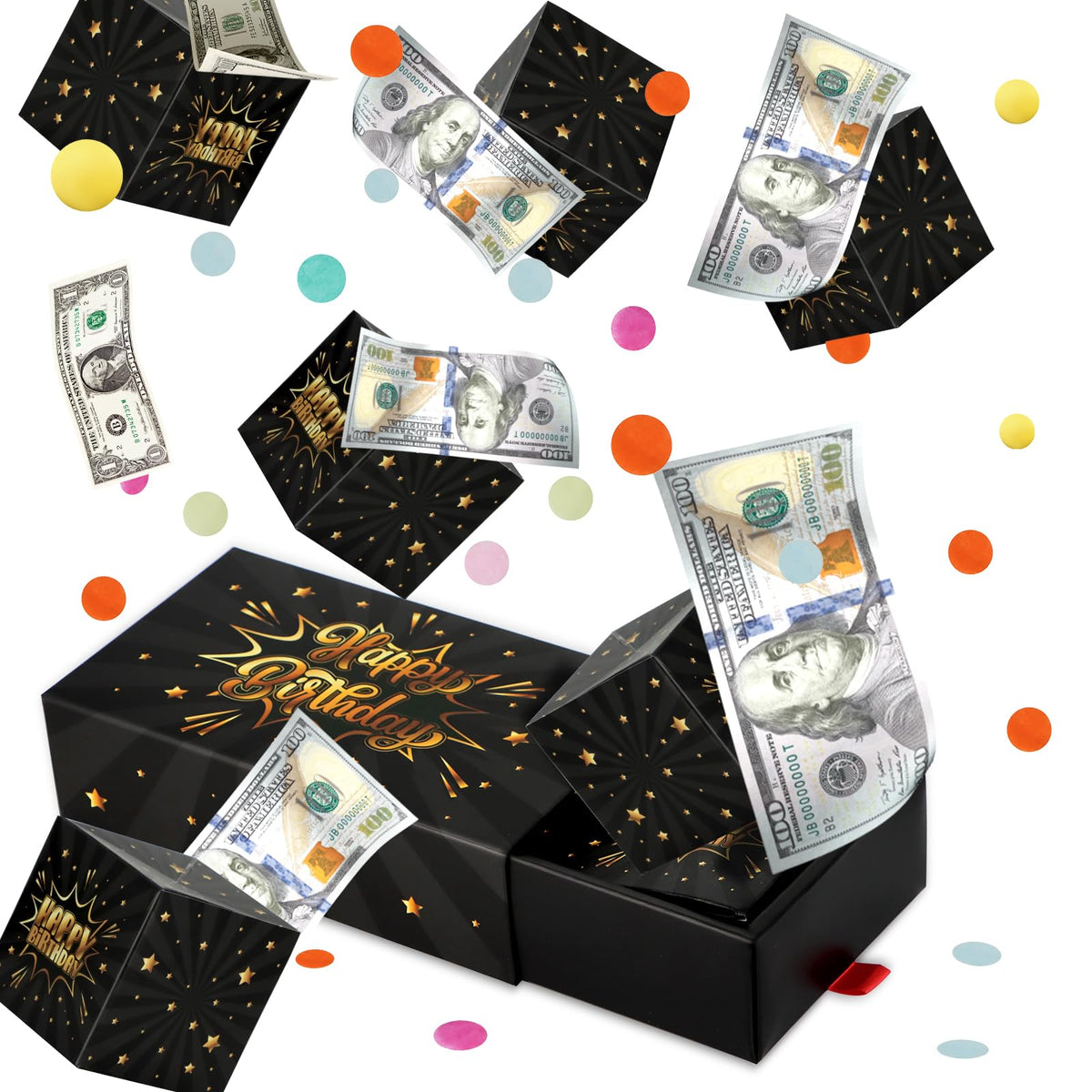 WenmthG Happy Birthday Surprise Gift Box Explosion for Money - DIY Pop Out Folding Bounce Explosion Gift Box with Confetti - Birthday Money Bank - Cash Gift Idea for Women Men Kids (Black Gold)