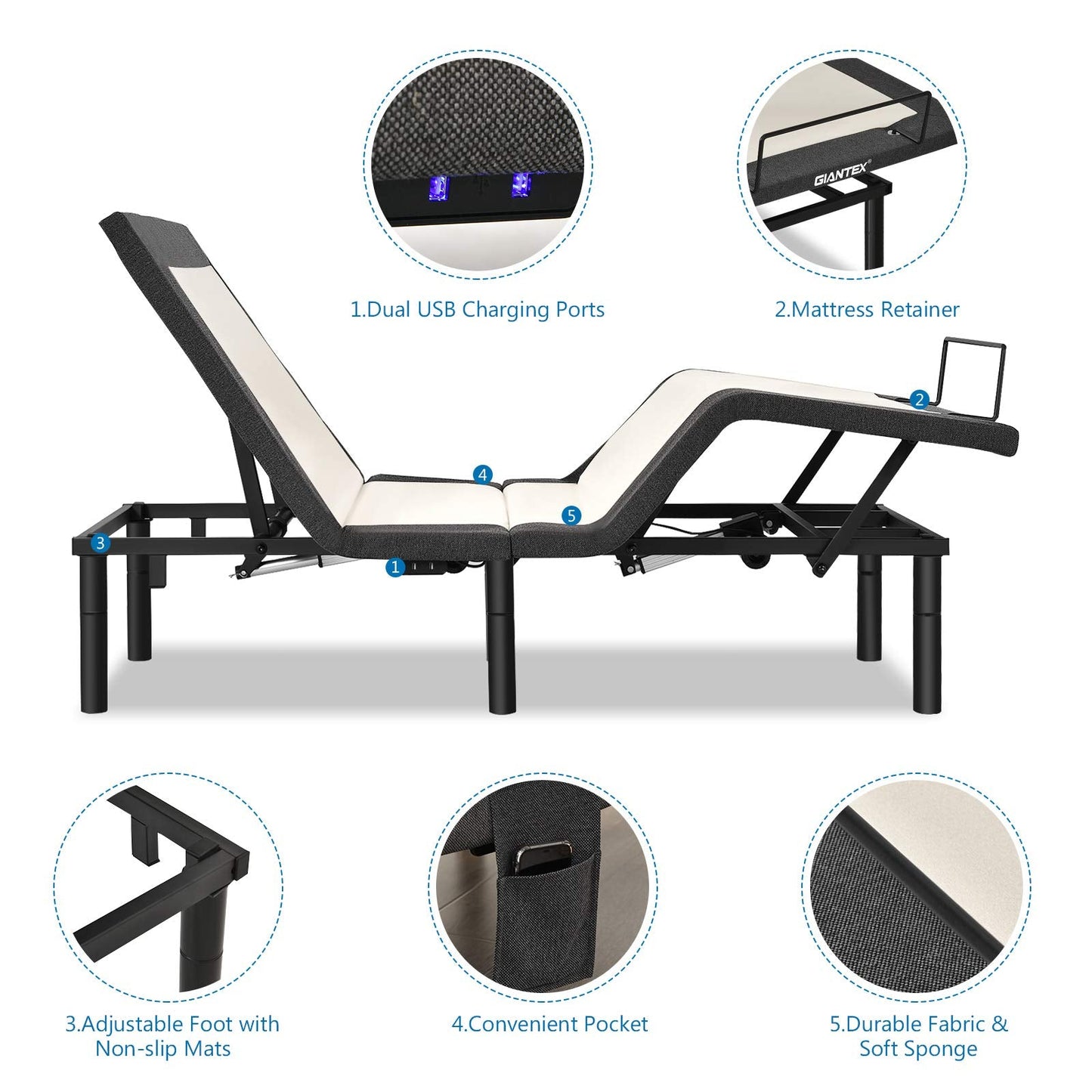 Giantex Adjustable Bed Base with Remote, Zero Gravity Electric Adjustable Bed w/Head and Foot Incline, Vibration Massage, USB Ports, Under-Bed Nightlight, Preset & Memory Positions (Twin-XL)