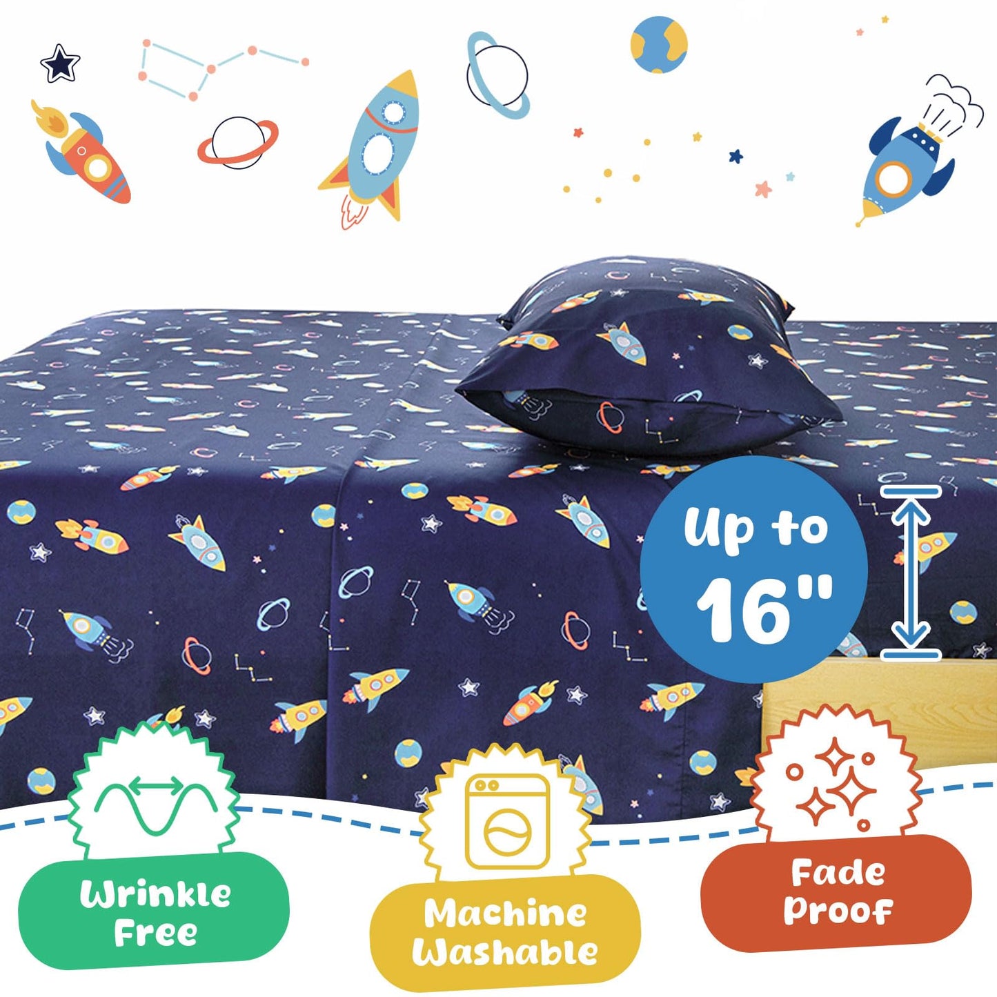 Swiftify Full Size Sheet Set for Kids Boys, 4-Piece Bed Sheet Set for Teens Boys Girls, Cartoon Printed Bedding Set, Microfiber Deep Pocket, Wrinkle & Fade Resistant, Space Rocket