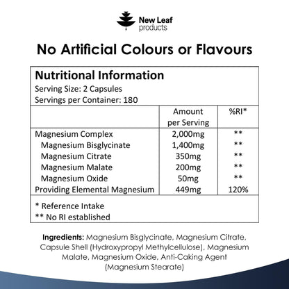 Magnesium Glycinate 4-in-1 Complex 2000mg - High Strength Magnesium Supplements - Bisglycinate,Citrate, Malate, Oxide - 360 Capsules 449mg Elemental - Vegan UK Made by New Leaf