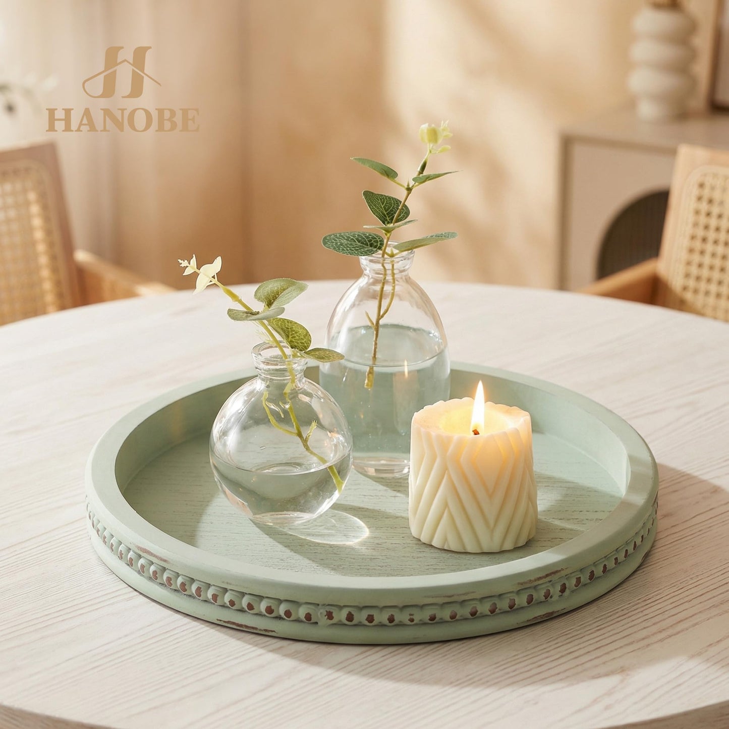 Hanobe Sage Green Tray Decor: Round Decorative Tray for Coffee Table Centerpiece - Wooden Candle Plate Holder for Rustic Farmhouse Home Living Room Kitchen Counter