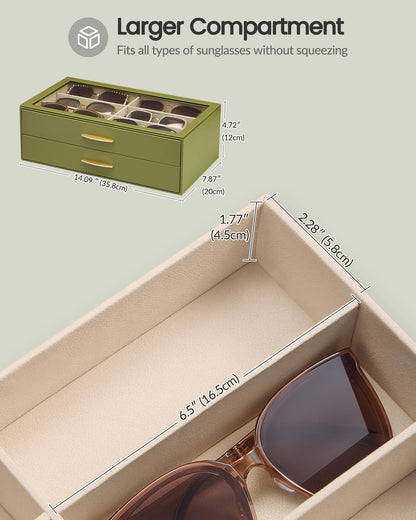 Lolalet 12 Slots Women’s Sunglasses Organizer with Enlarged Compartment, 2-Layer Eyewear Storage Box, Glasses Case Display Holder with Clear Lid for Eyeglass Collection, Mothers Day Gifts -SageGreen