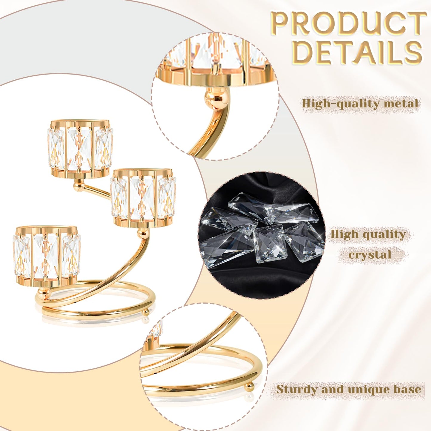 Metal 3 Arm Crystal Candle Holder - Tea Light Centerpiece Candle Holder, Votive Holder with Sparkling Crystal Bowl, Suitable for Wedding, Table Centerpiece, Home Decor (1, 3 arm-Gold)