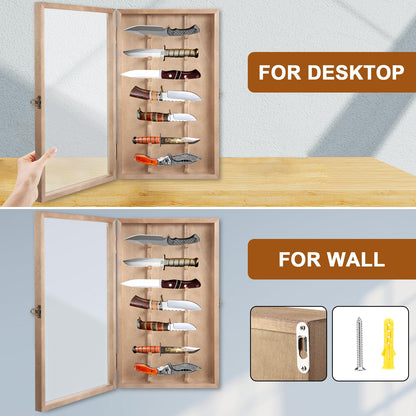 Triceratops Knife Display Case with Lockable Clear Acrylic Door, Wall Mount Wooden Knife Display Stand, Pocket Knife Display Cases for Storage, Collection, Holds up to 7 Knifes(Brown)