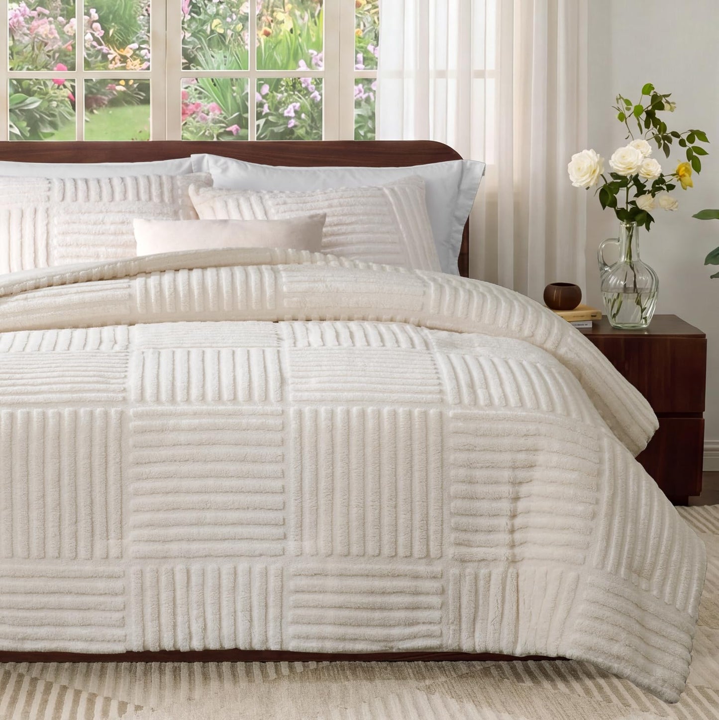 Amélie Home Fleece Comforter Set Queen Size, Beige Fleece Bedding Set with Stripe Jacquard, Soft Fluffy Bedding Set, 3 Pieces, 1 Warm Comforter and 2 Pillowcases