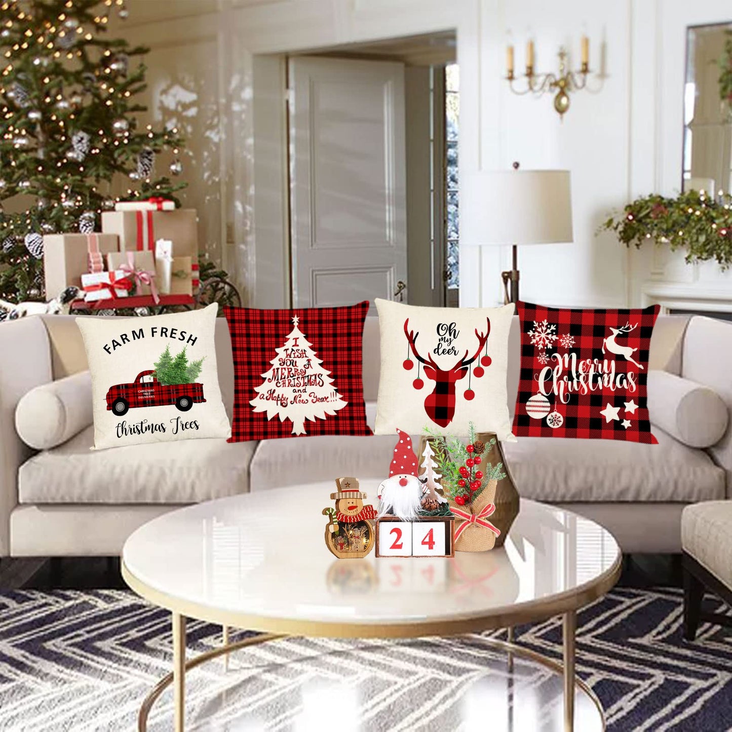 Set Of 4 Christmas Decorative Throw Pillow Covers Christmas Holiday Xmas Square Linen Cushion Covers Merry Christmas Trees Red Truck Snowflakes Deer Outdoor Couch Sofa Home Pillow Cases 18x18 Inch