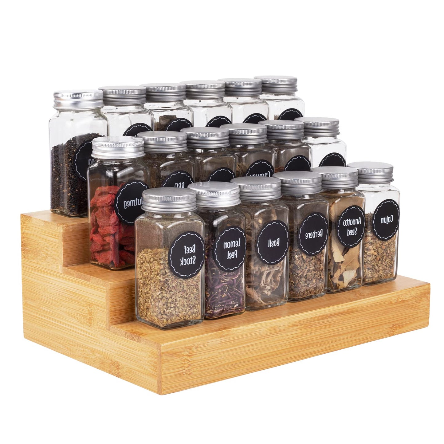 MillTu Bamboo Spice Rack Organizer for Cabinet 2 Pack - 3 Tier Countertop Step Shelf, Seasoning Storage Stand for Kitchen Pantry, Spice Holder for Jars Bottles Cans (Natural)
